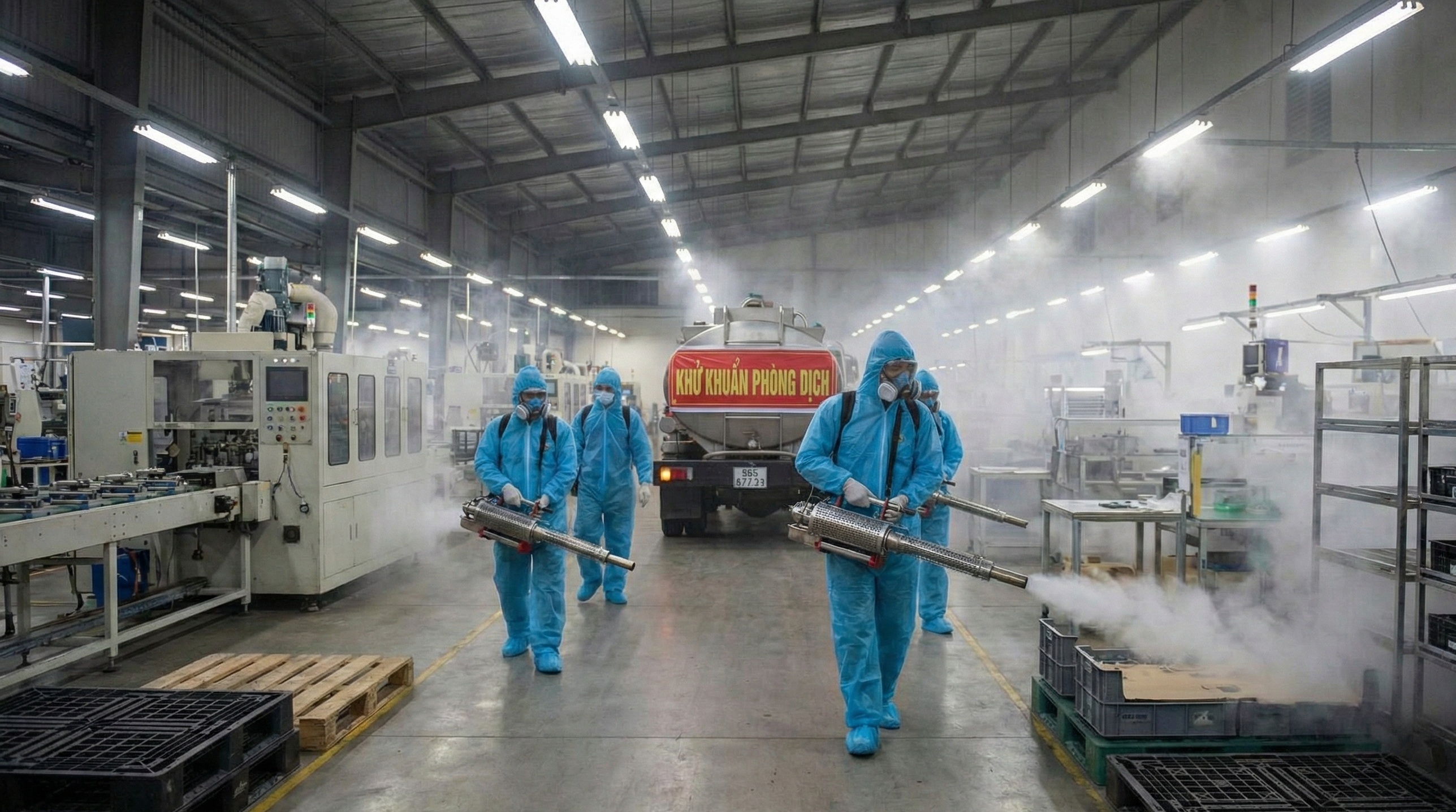 Phun khử khuẩn quy mô lớn tại nhà máy